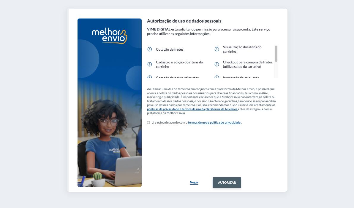 Autorize o aplicativo no Melhor Envio