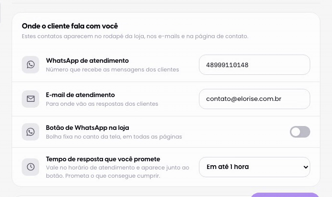 Configure os canais de contato