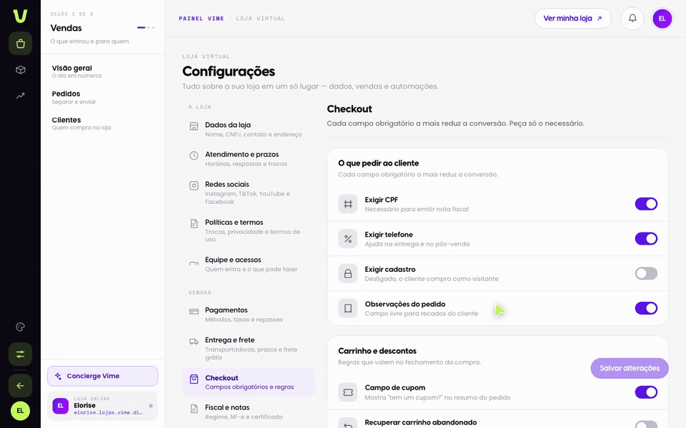 Configure carrinho e descontos