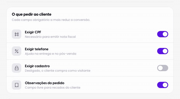 Escolha o que pedir ao cliente