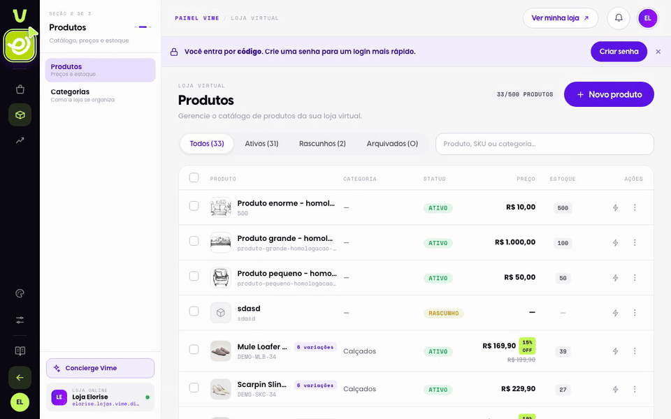 Abra o produto com variações