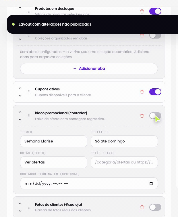 Edite os benefícios (selos de confiança)