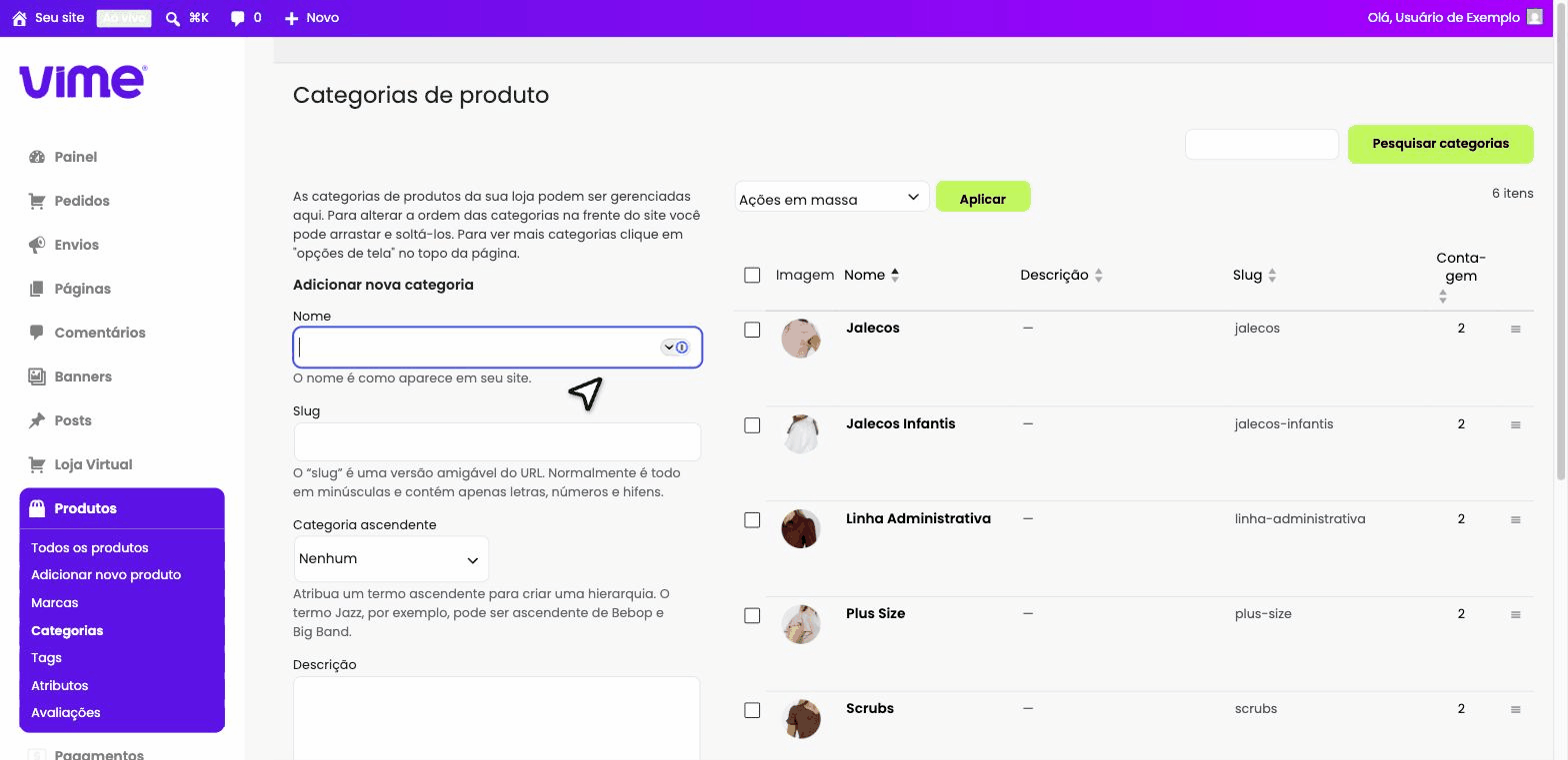 Organizar categorias e subcategorias