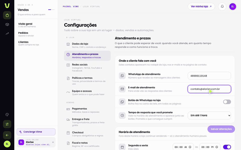 Defina o horário de atendimento